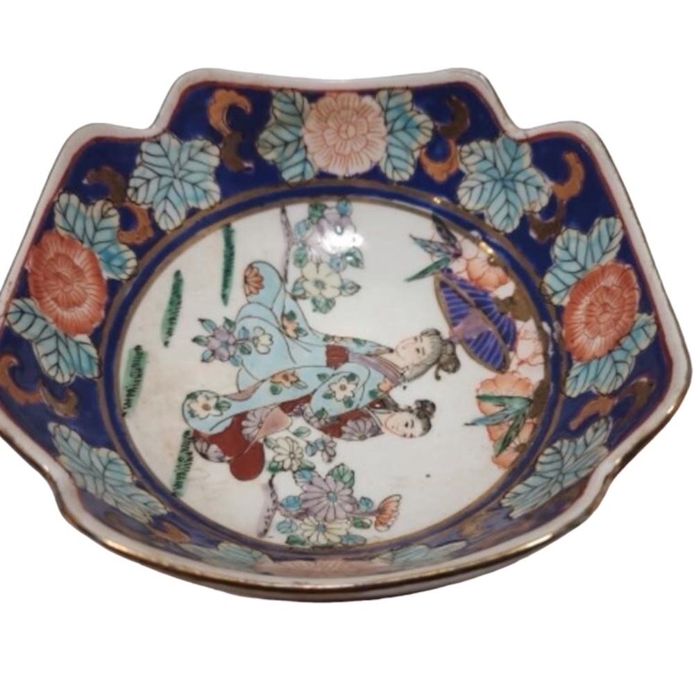 Vintage Oriental Design Porcelain Bowl-Hand Painted Navy Orange 6 in Wide Decor